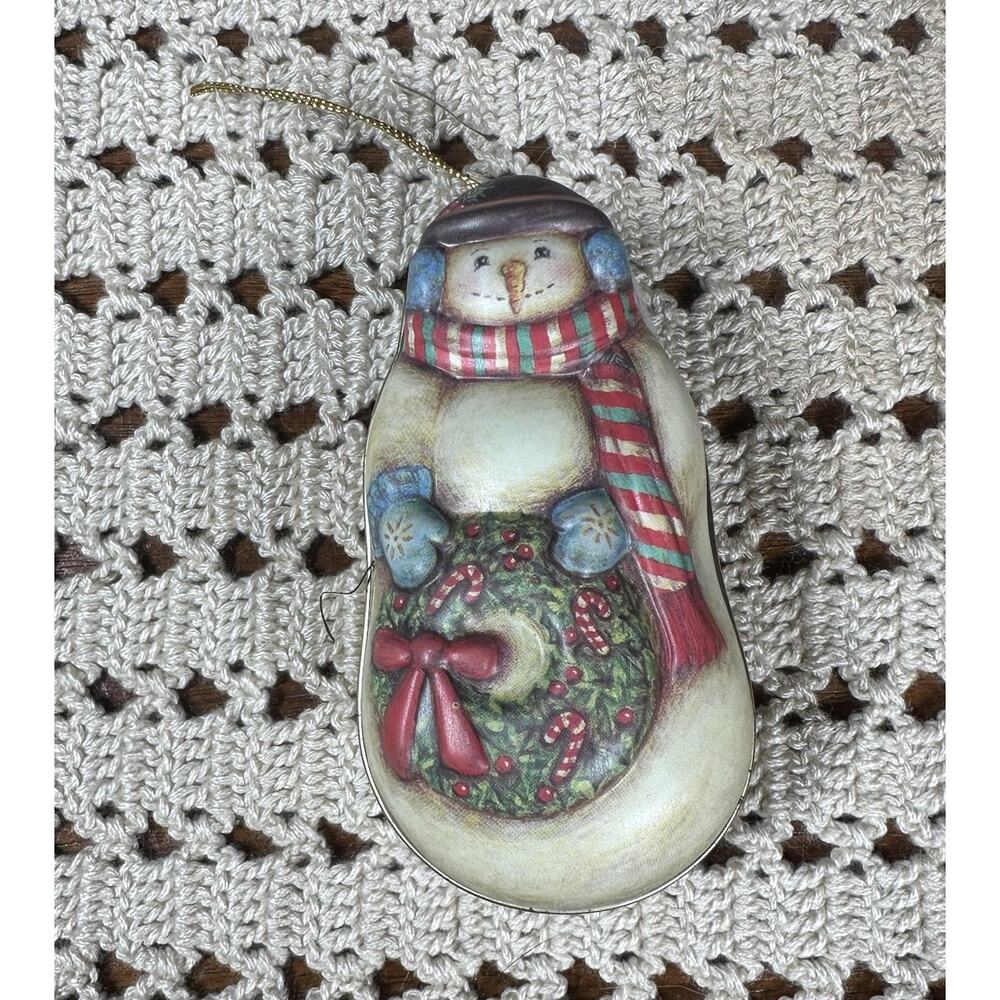 Vtg Candy Tin Ornament SnowMan Christmas RUSS Berrie Empty 4" Metal Trinket Box